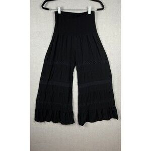 Baik Baik Honolulu Sz S/M Black Rayon Fold Over Tiered Wide Leg Eyelet Pants
